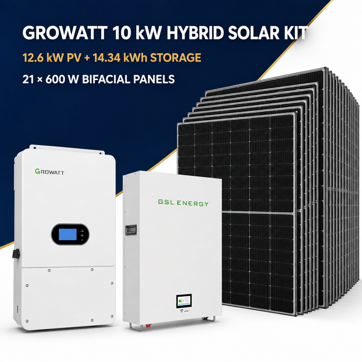 Growatt 10kW hybrid solar kit with 21 Philadelphia Solar 600W panels and GSL 14.34kWh battery