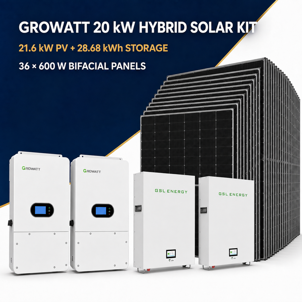 Growatt 20kW hybrid solar kit with 36 Philadelphia Solar 600W panels and two GSL 14.34kWh batteries