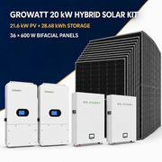 Growatt 20kW hybrid solar kit with 36 Philadelphia Solar 600W panels and two GSL 14.34kWh batteries