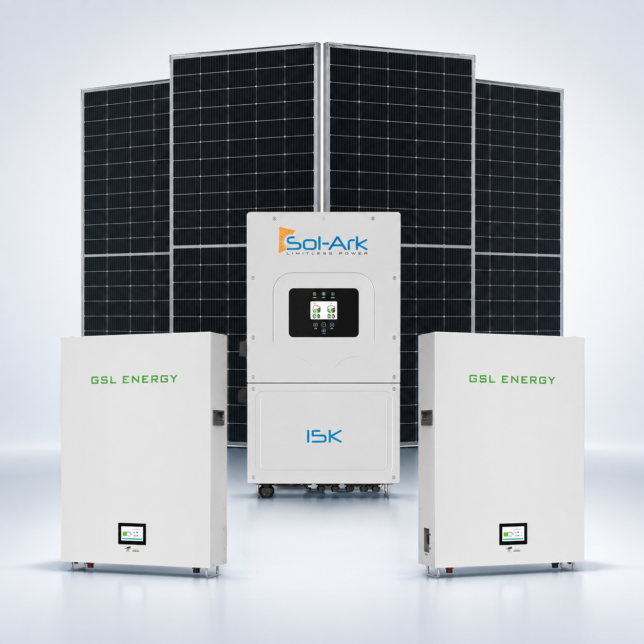 Complete Sol-Ark 15K hybrid solar kit with Canadian Solar panels and two GSL batteries
