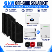 Growatt 6 kW off-grid solar kit with ten Canadian Solar 450 W panels and a choice of 10.24 kWh Growatt ALP or 14.34 kWh GSL battery storage.