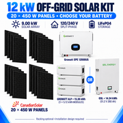 Growatt 12kW off-grid solar kit with 20 Canadian Solar 450W panels and a choice of ALP 15.36kWh or GSL 14.34kWh battery storage.
