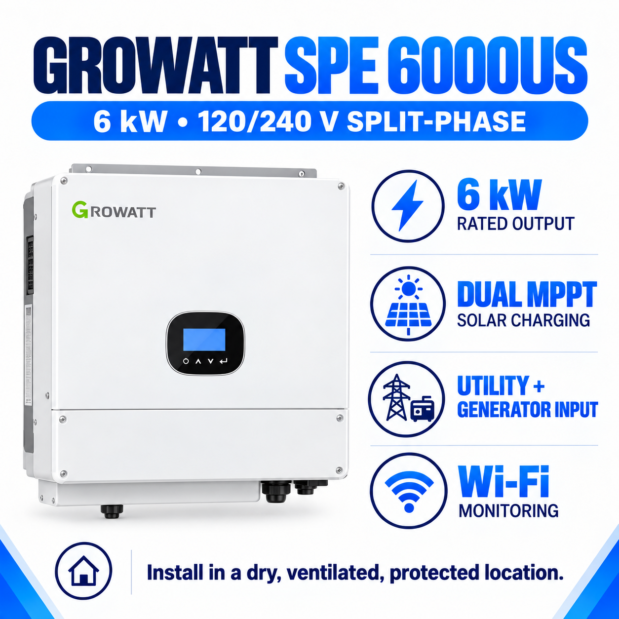 Growatt SPE 6000US 6 kW inverter with 120/240 V split-phase output, dual MPPT solar charging, utility and generator input, and Wi-Fi monitoring.