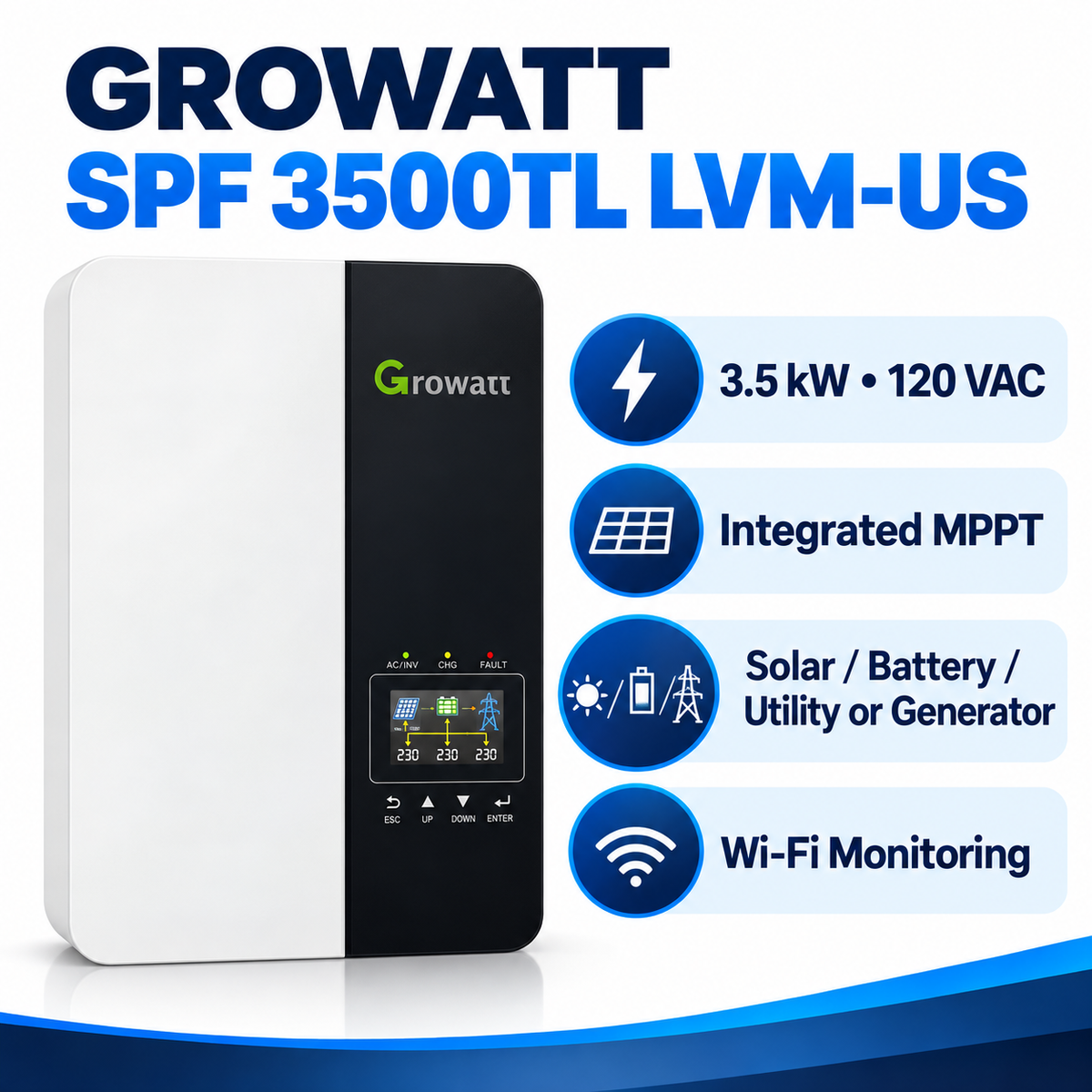 Growatt SPF 3500TL LVM-US 3.5 kW 120 V off-grid solar inverter with MPPT and Wi-Fi monitoring