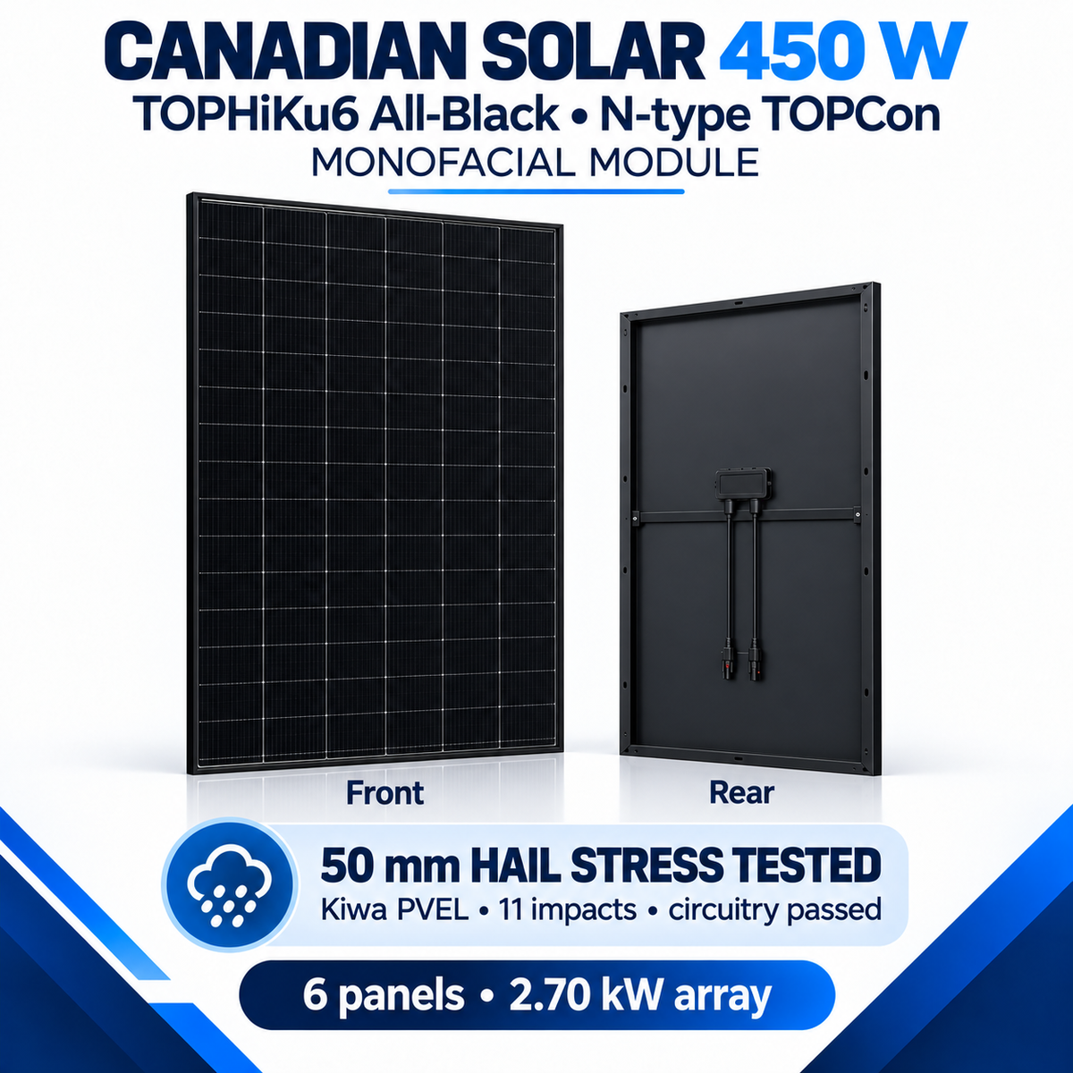Canadian Solar CS6.1-54TM-450H 450 W all-black monofacial TOPCon panel with 50 mm Kiwa PVEL hail testing