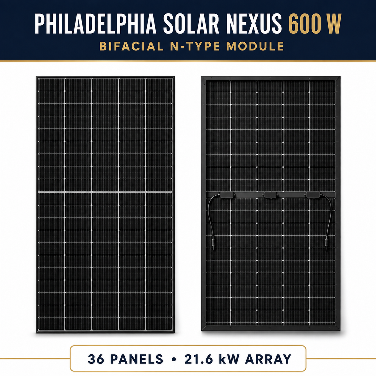 Philadelphia Solar NEXUS 600W bifacial solar panel front and rear views for 21.6kW array