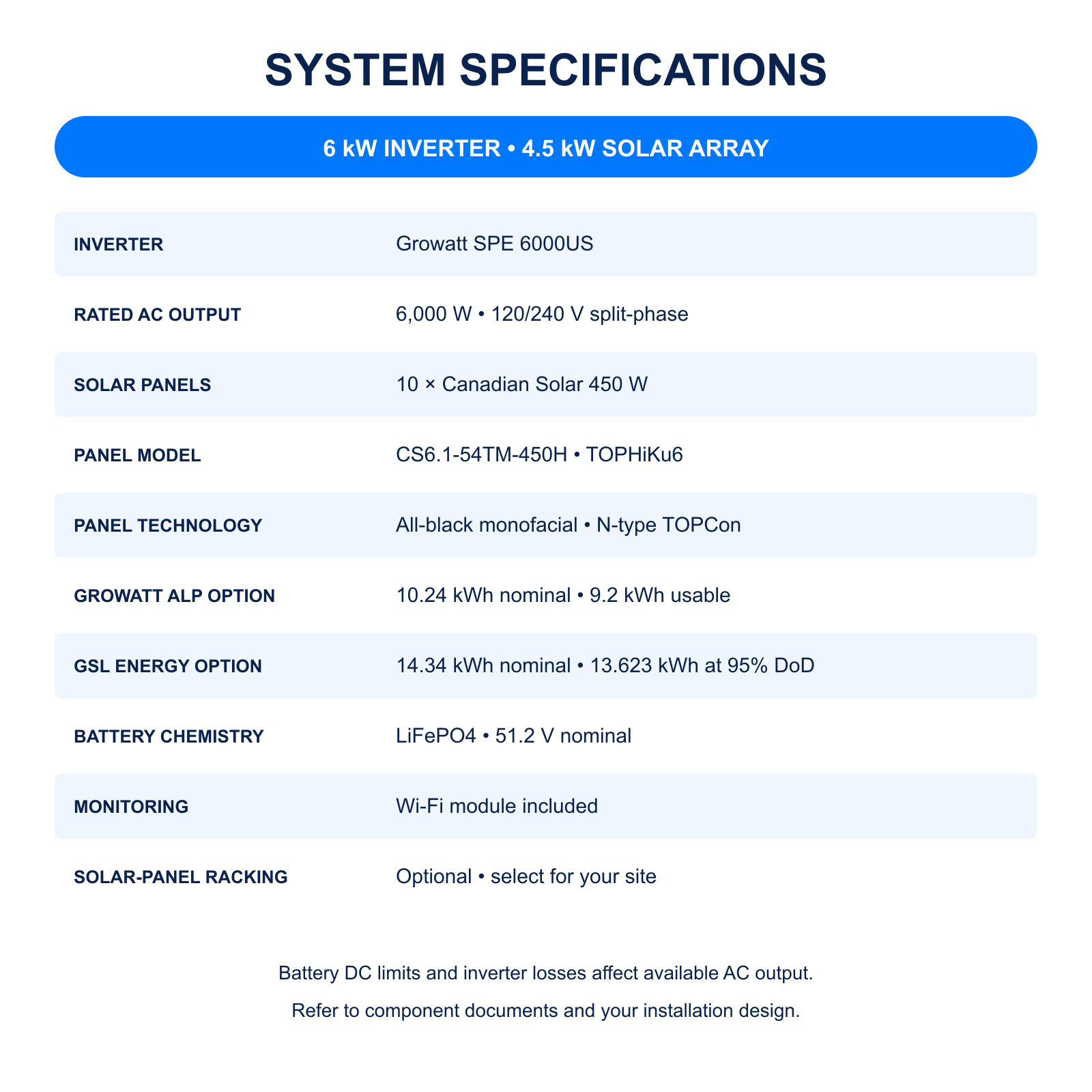 Specifications for the Growatt 6 kW 120/240 V off-grid kit with ten 450 W Canadian Solar panels and ALP 10.24 kWh or GSL 14.34 kWh battery options.