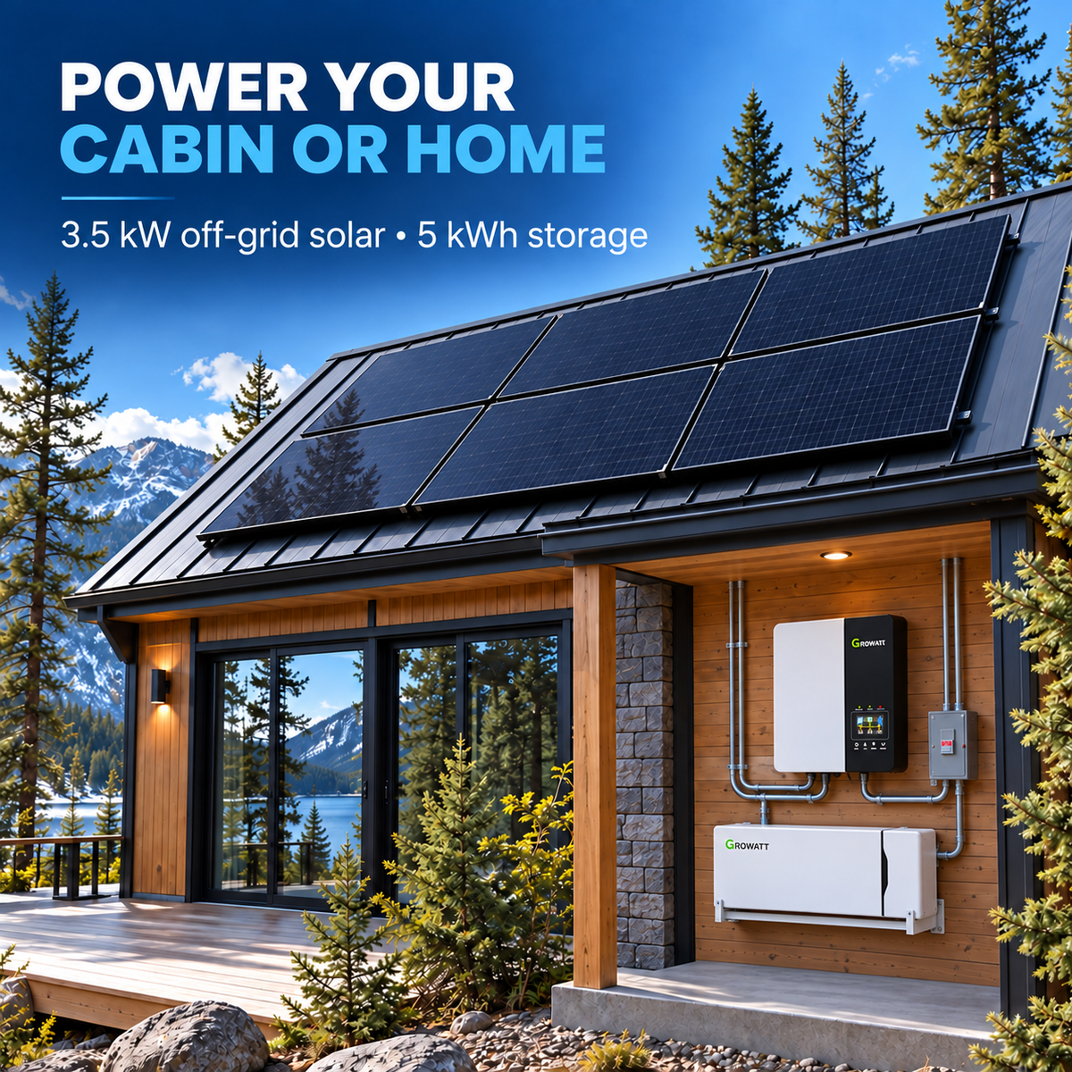 Canadian cabin with six solar panels, Growatt 3.5 kW inverter and wall-mounted 5 kWh battery