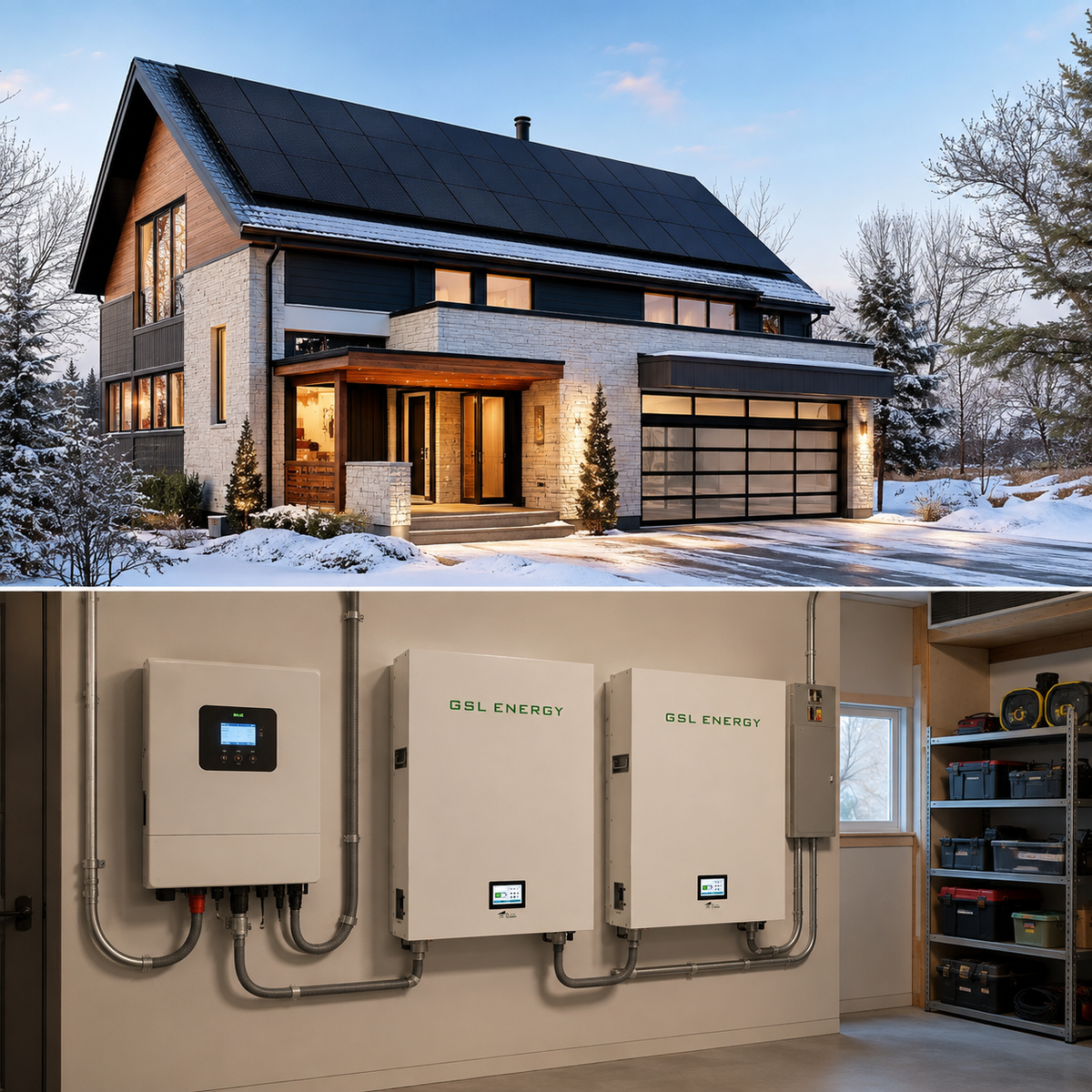 Illustrative Canadian home installation with rooftop solar panels, Sol-Ark inverter and GSL batteries