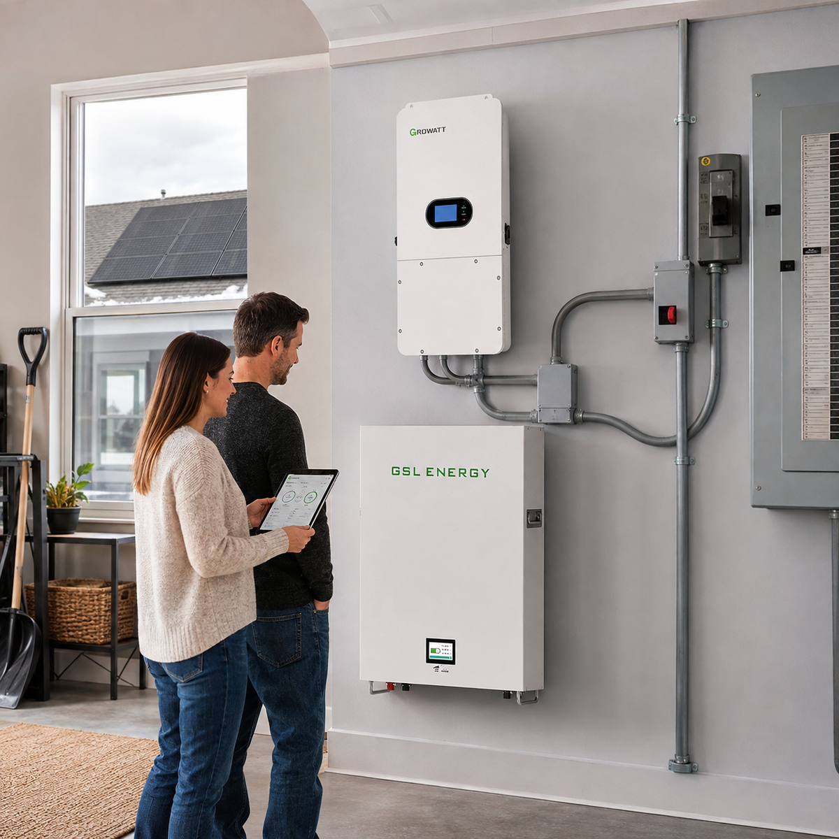 Indoor Canadian home installation of Growatt hybrid inverter and GSL wall battery with rooftop solar