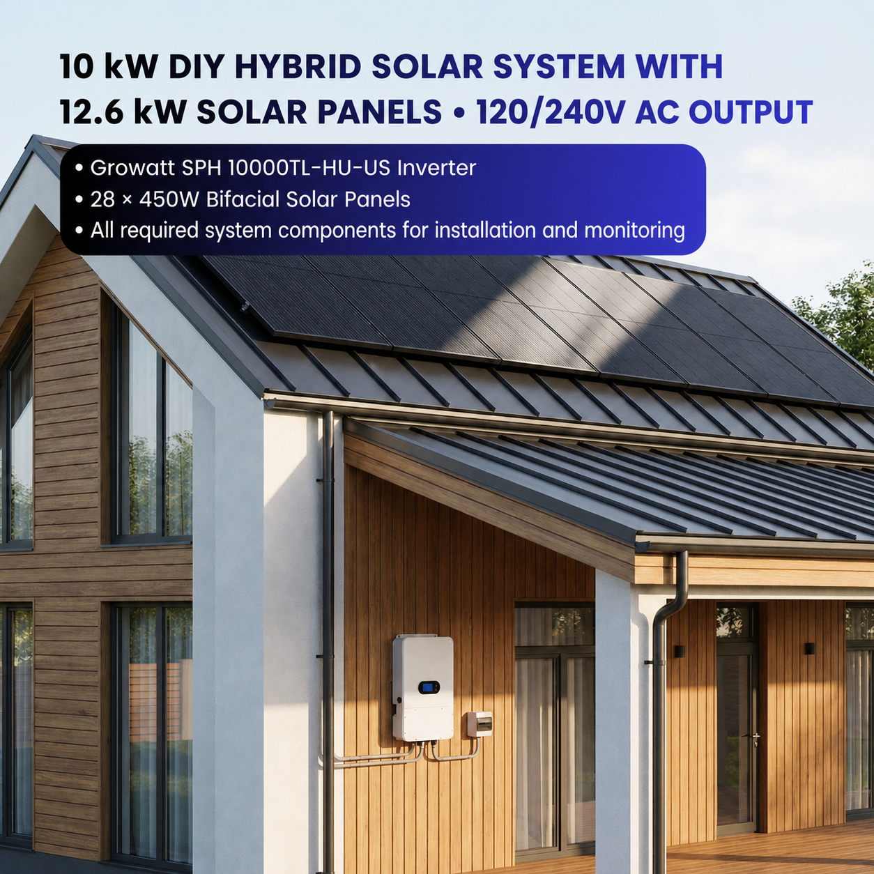 10 kW Growatt hybrid solar system with a 12.6 kW array of 28 × 450W bifacial solar panels