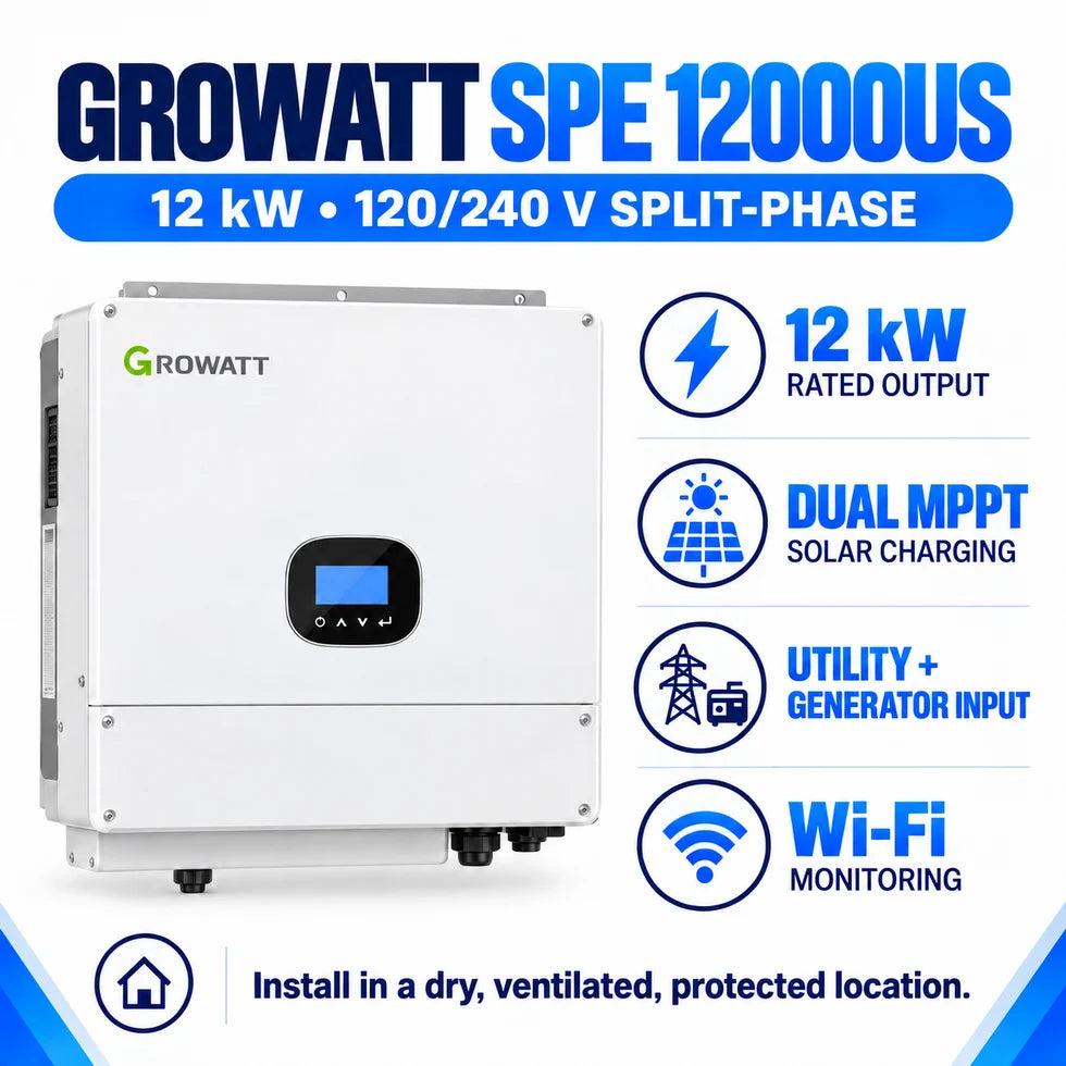 Growatt SPE 12000US 12kW inverter with 120/240V split-phase output for the off-grid solar kit.
