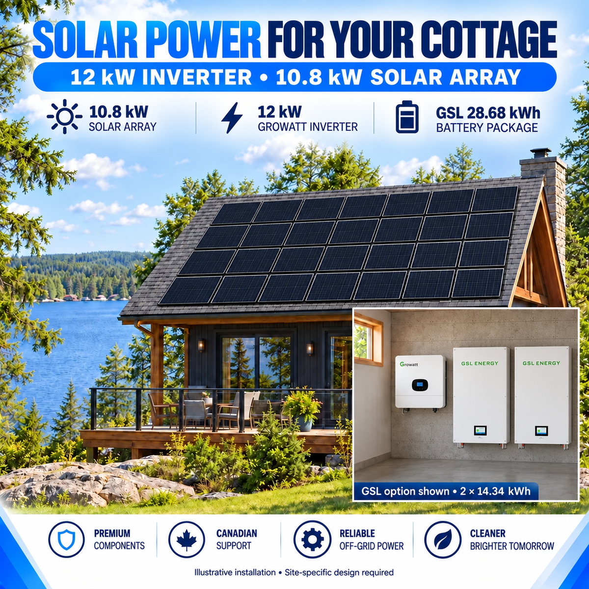 Illustrative Canadian cottage with 24 solar panels and indoor Growatt inverter with two GSL batteries; site-specific installation design required.