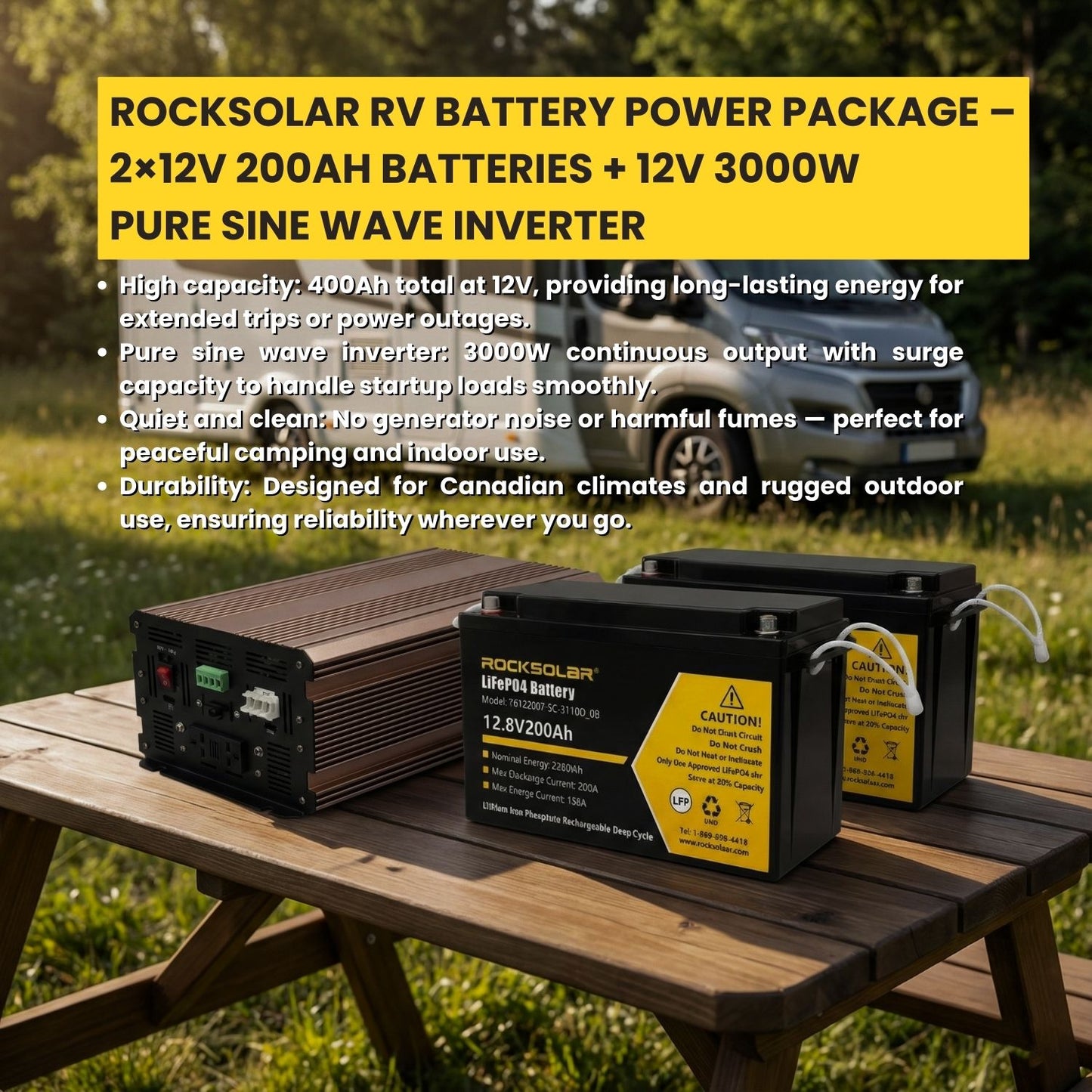 Rocksolar RV Battery Power Package – 2×12V 200Ah Batteries + Free 12V 3000W Pure Sine Wave Inverter