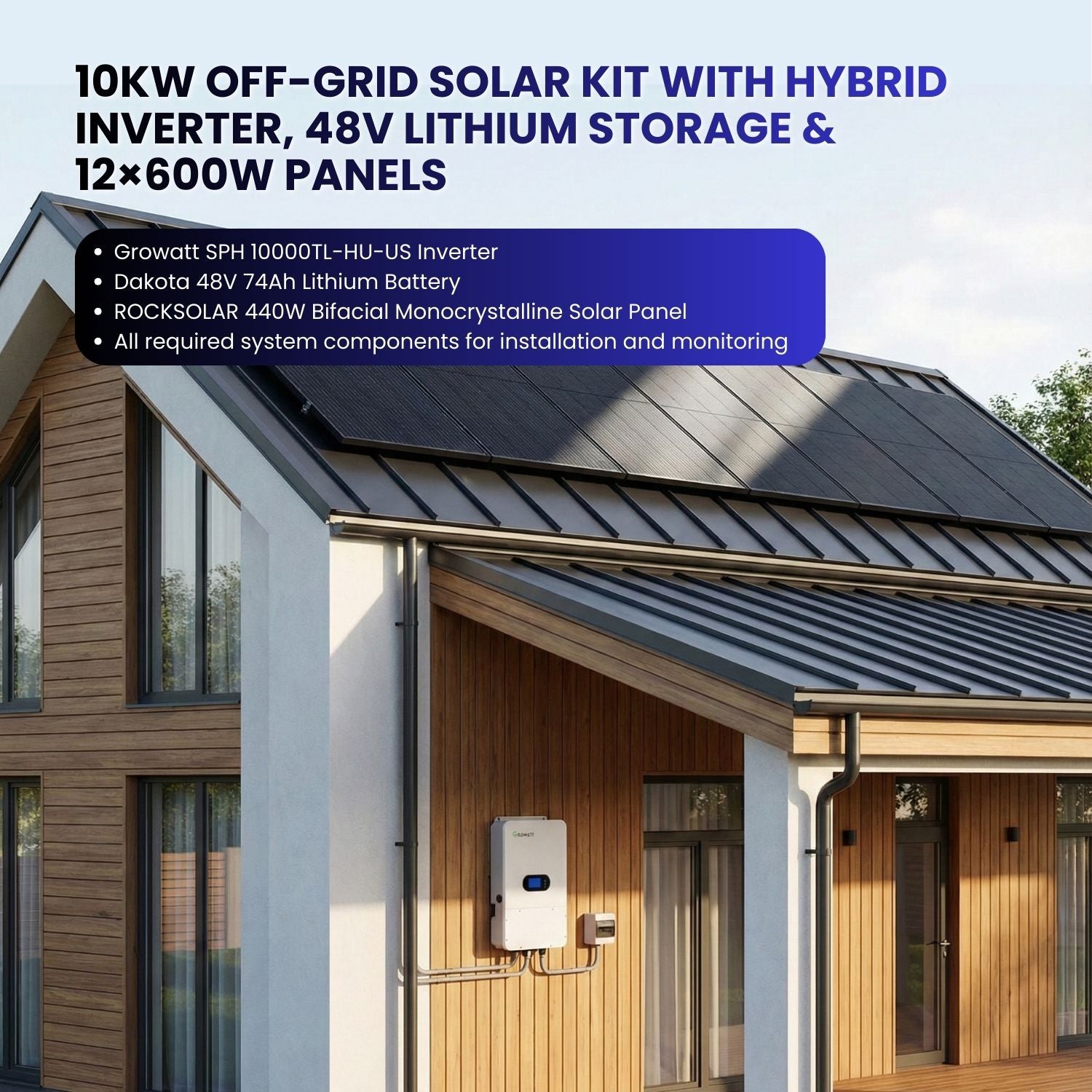 Rocksolar 12kW Off-Grid Solar Kit with 12Kw Inverter, 48V Lithium Storage & 12×600W Panels