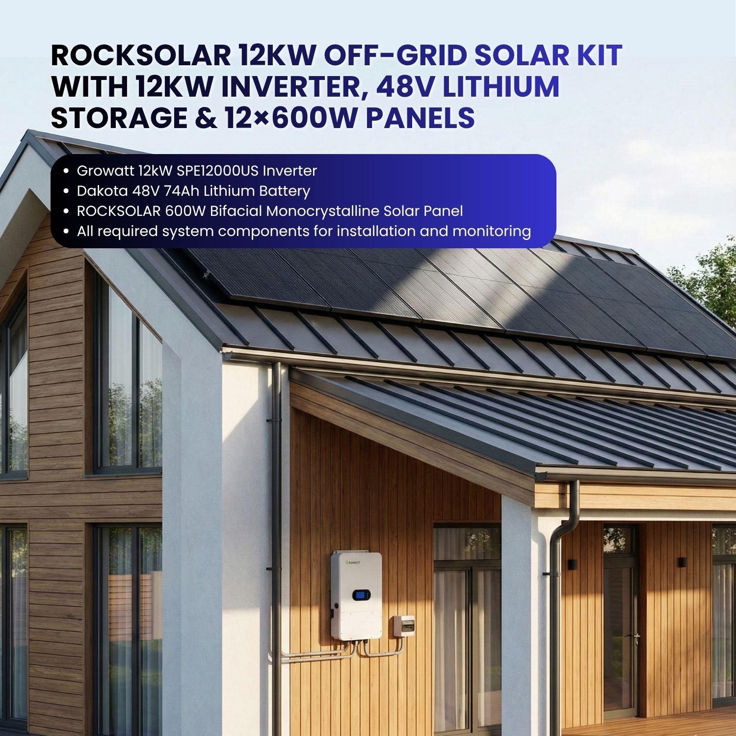 Kit solaire hors réseau Rocksolar 12 kW avec onduleur 12 kW, stockage lithium 48 V et 12 panneaux de 600 W 