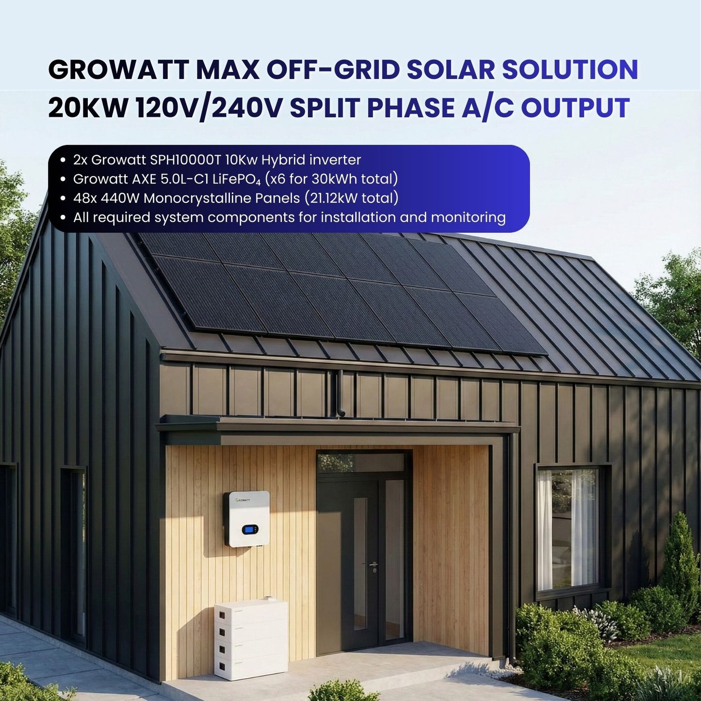 20KW Off-Grid Solar System - 120/240V AC output with 30Kwh Battery