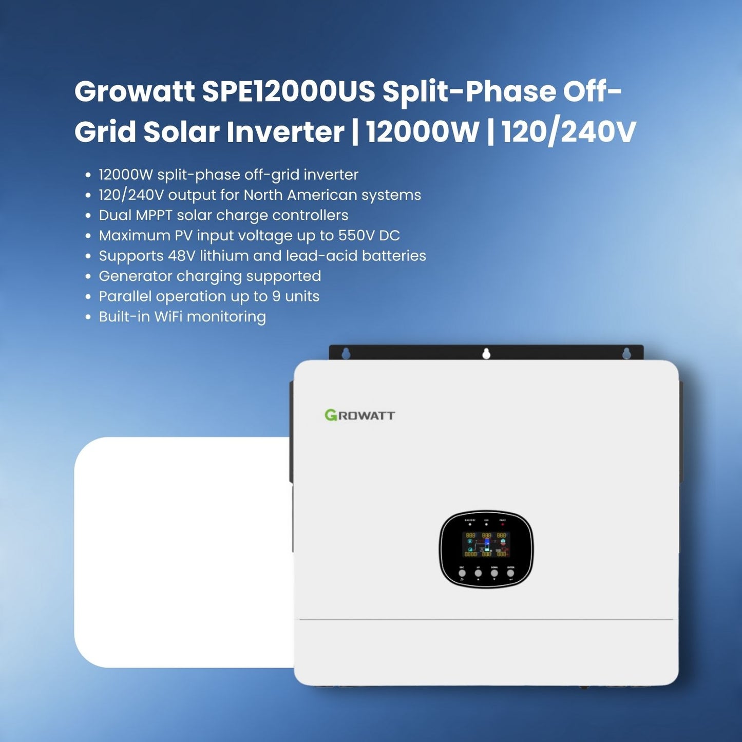 Growatt SPE12000US Split-Phase Off-Grid Solar Inverter | 12000W | 120/240V