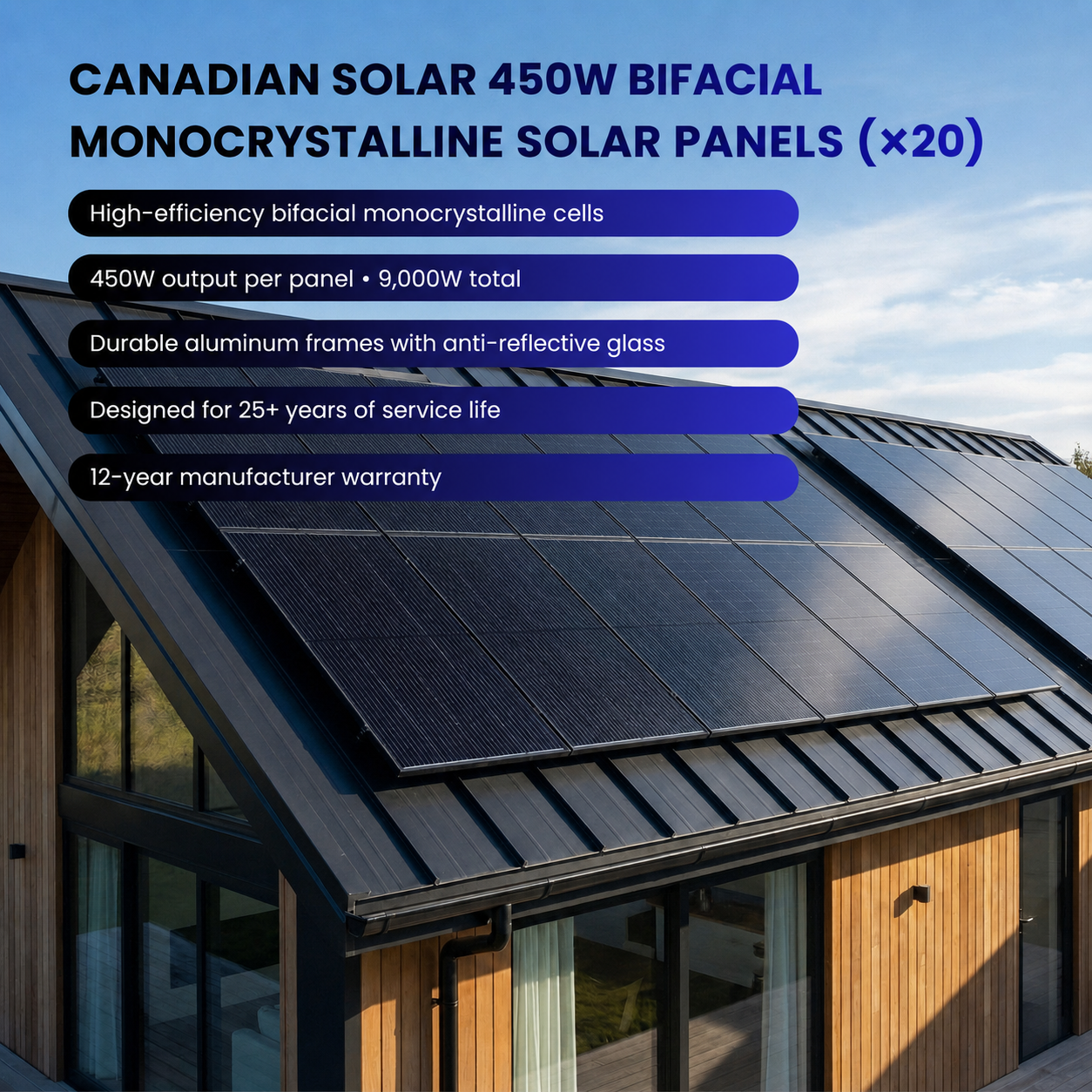 20 × 450W Canadian Solar bifacial panels providing a 9,000W total array for the 12 kW off-grid system