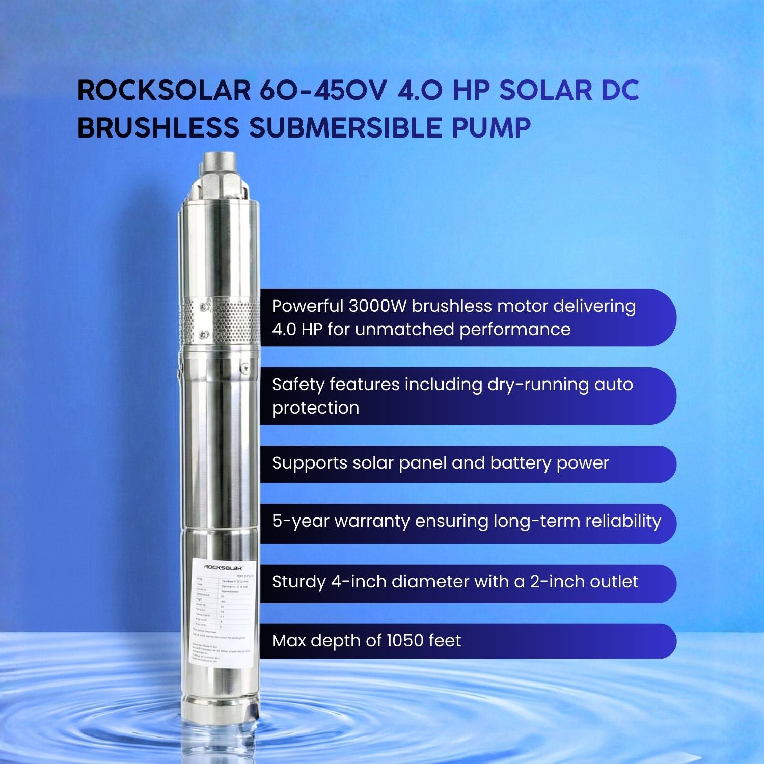 Rocksolar 4.0HP Hybrid Solar AC/DC Submersible Pump