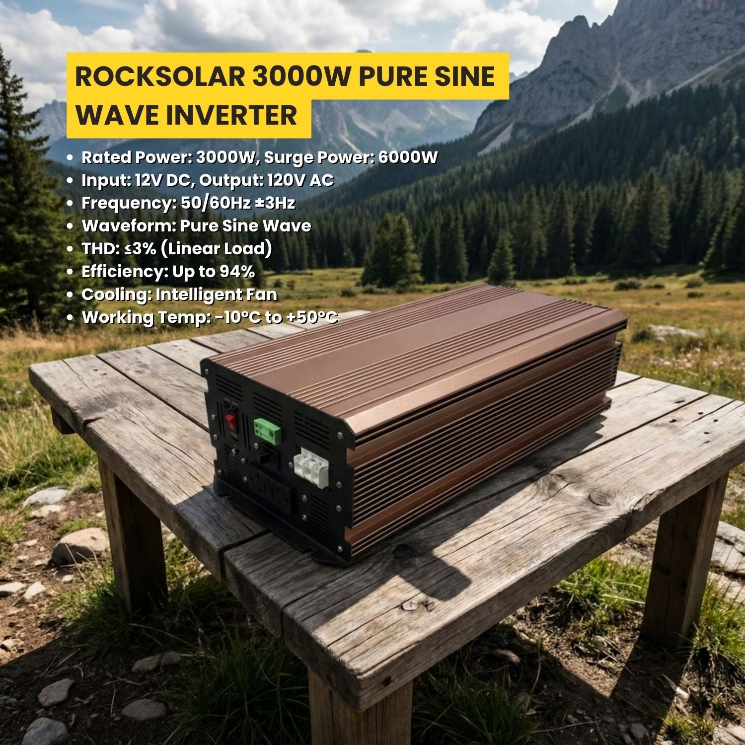 Pack de batteries Rocksolar pour camping-car – 4 batteries 12 V 100 Ah + onduleur 12 V 3 000 W à onde sinusoïdale pure offert