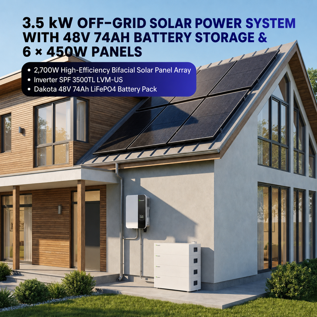 3.5kW off-grid solar power system with 48V battery storage and 6 × 450W panels