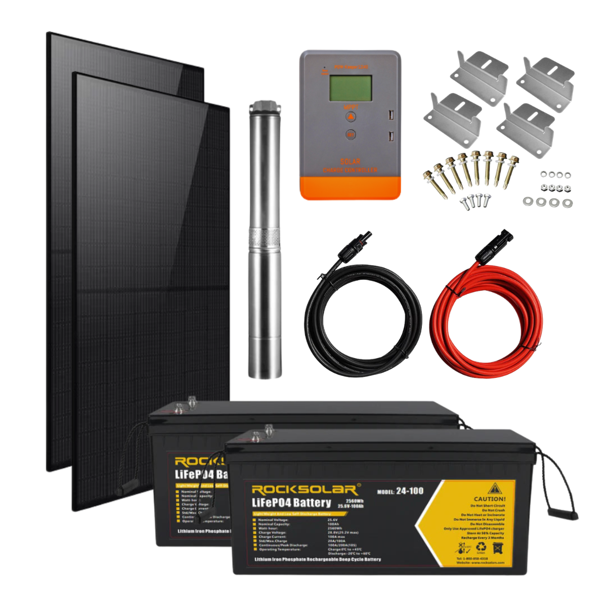 ROCKSOLAR Solar Water Pump Kit – 1600W Solar + 2X 24V 100Ah Battery+0.8 HP Pump