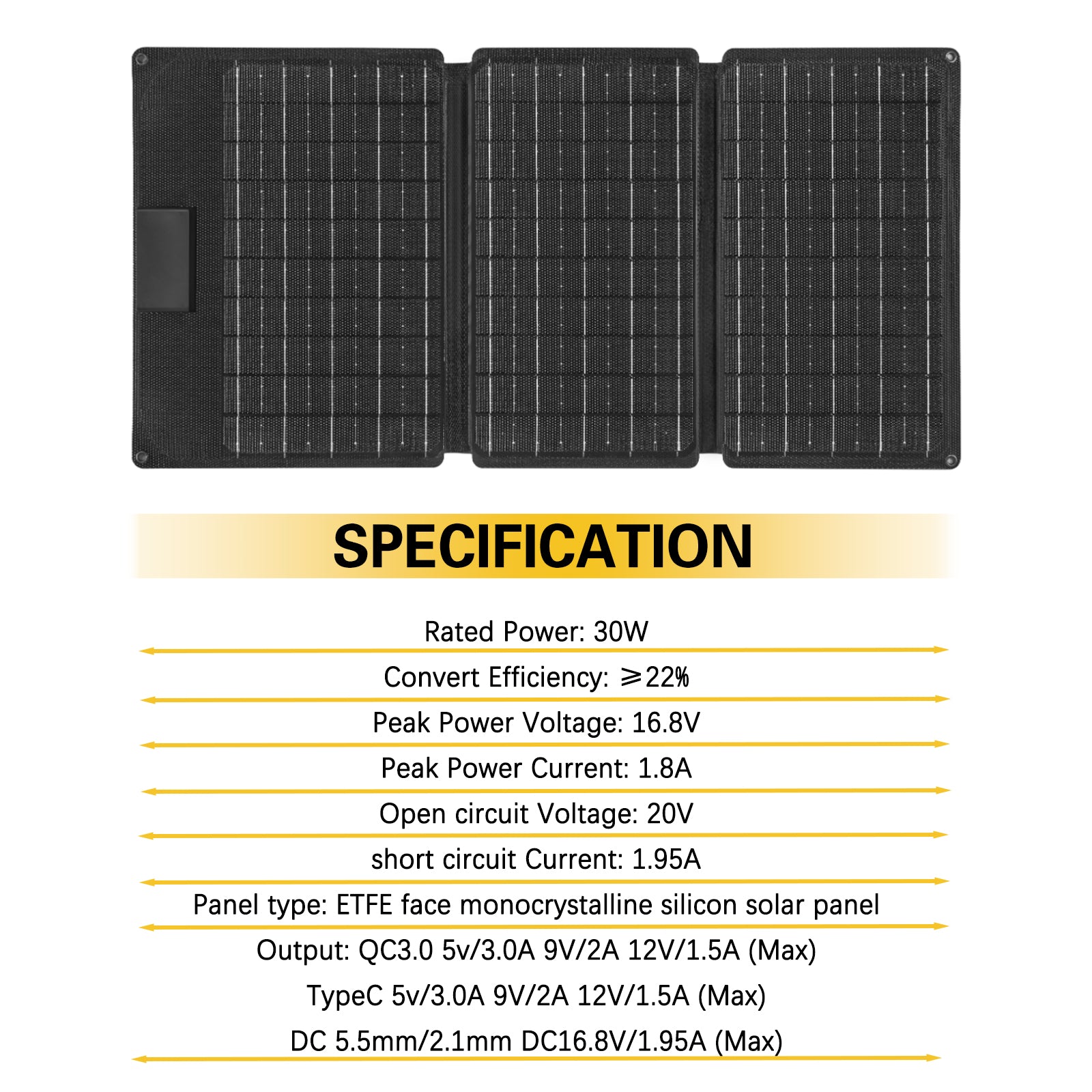 specification portable solar panel 30W