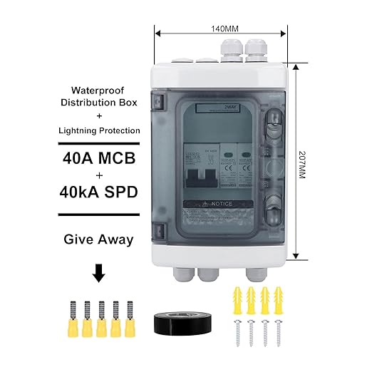 Boîtier de raccordement photovoltaïque étanche pour 2 chaînes avec disjoncteur 40 A 1000 V et parafoudre 