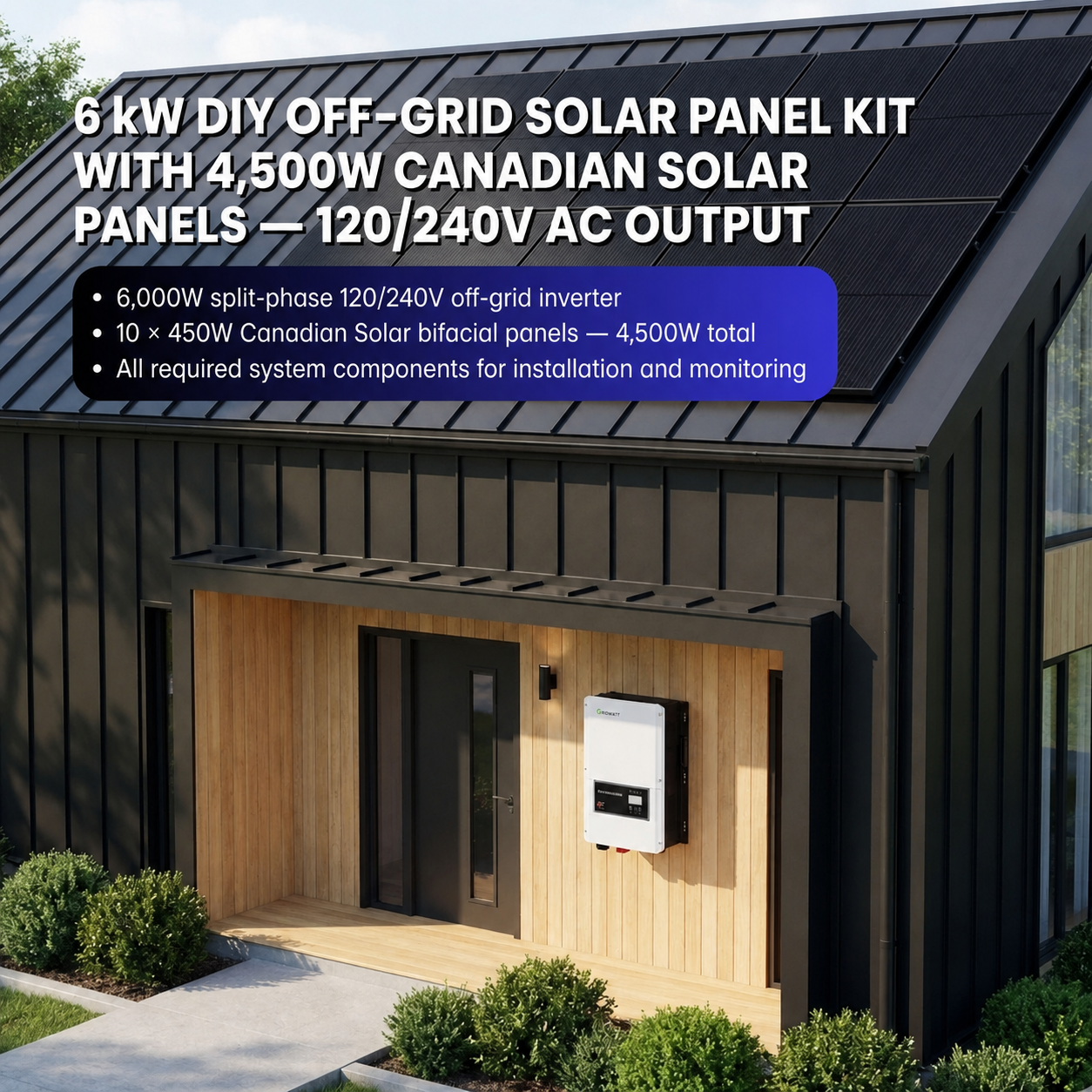 6kW off-grid solar system with 10 × 450W Canadian Solar panels providing a 4.5kW array