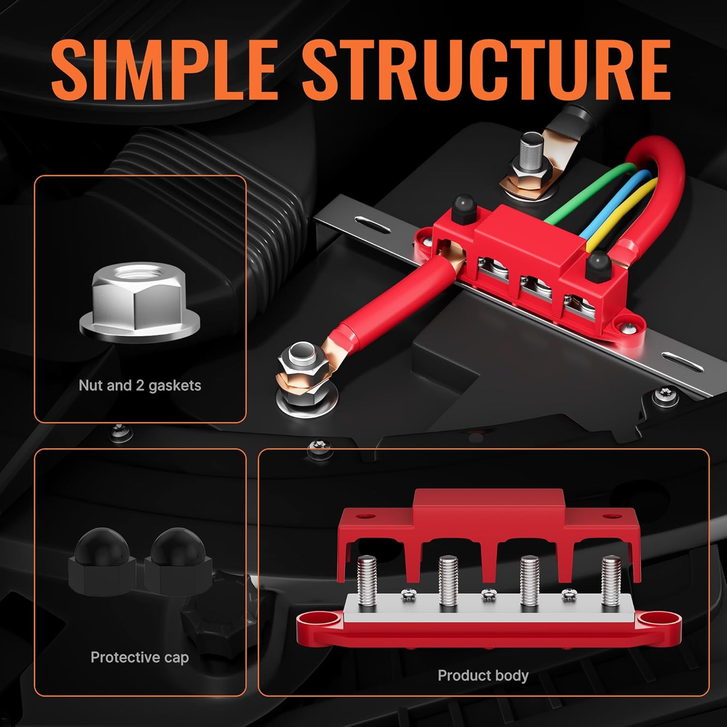 Heavy Duty 400A Bus Bar 12V 48V DC Waterproof Power Distribution Block with 4 x 3/8" Studs Automotive Marine Battery Terminal Distribution Block with Cover - Negative&Positive