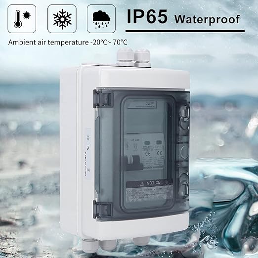 Boîtier de raccordement photovoltaïque étanche pour 2 chaînes avec disjoncteur 40 A 1000 V et parafoudre 