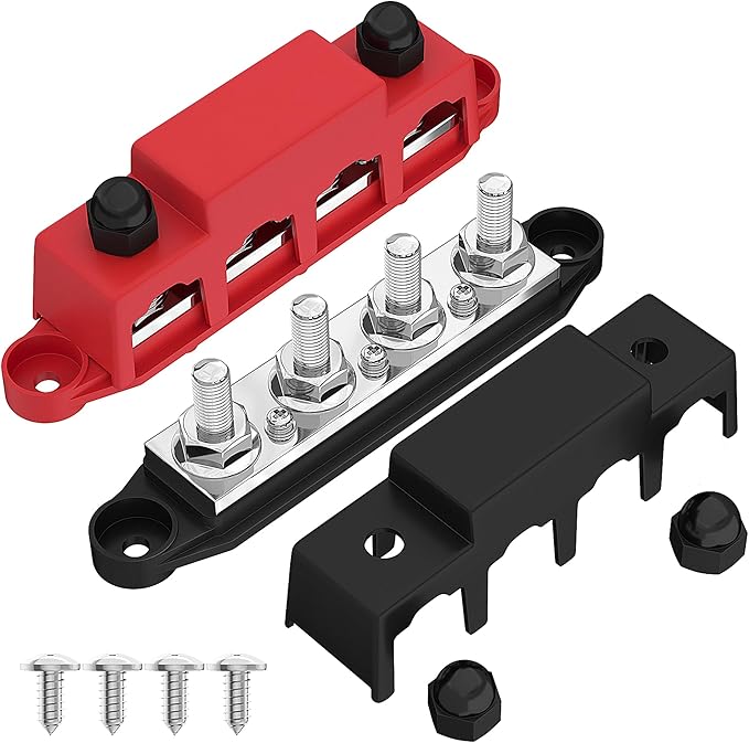 Heavy Duty 400A Bus Bar 12V 48V DC Waterproof Power Distribution Block with 4 x 3/8" Studs Automotive Marine Battery Terminal Distribution Block with Cover - Negative&Positive