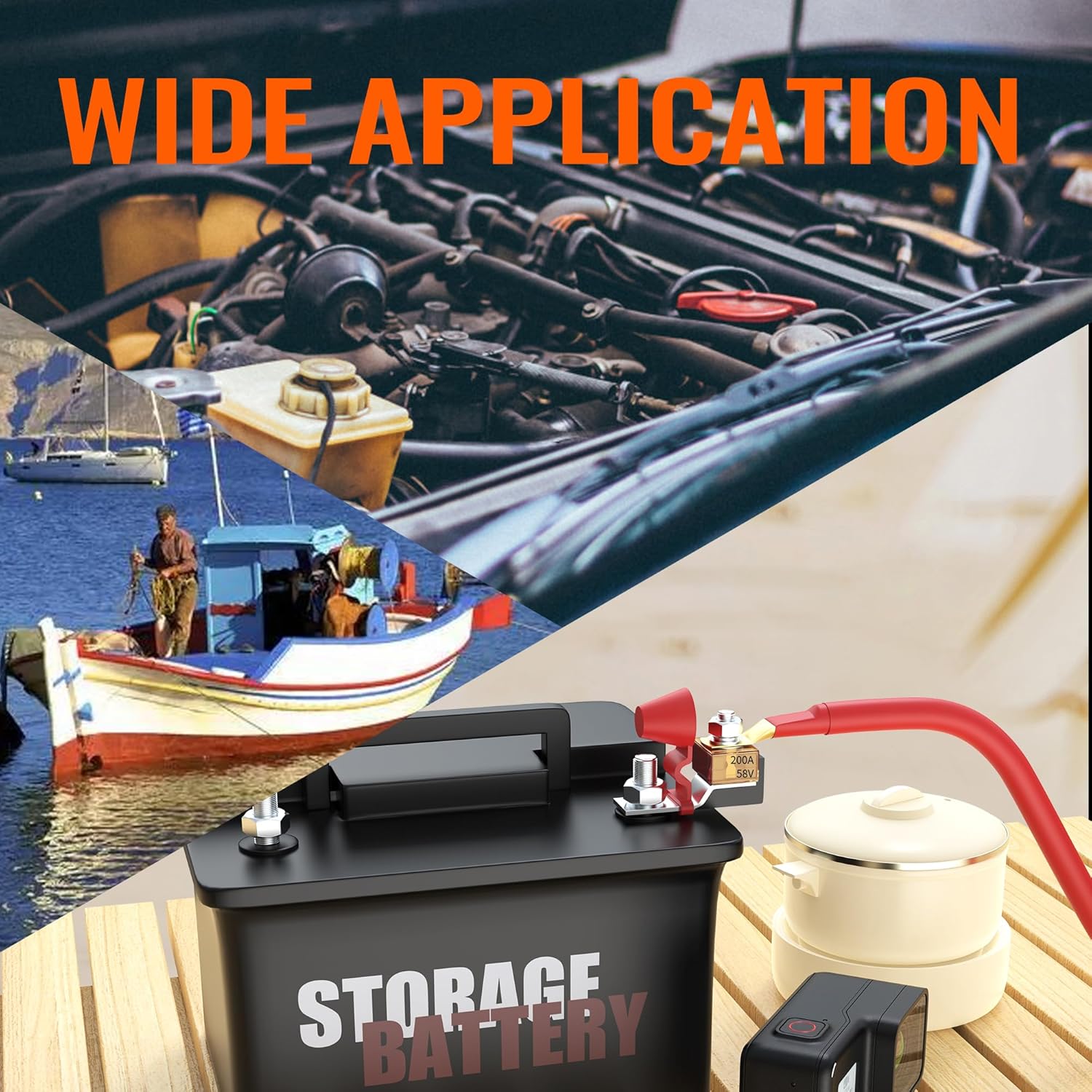 Battery Terminal Fuse Block Kit 200A 58V Mrbf Terminal Fuse Block with Single Stud 5/16"(M8) Marine Rated Battery Fuse and Waterproof Cap for Boat Truck RV Construction Vehicles