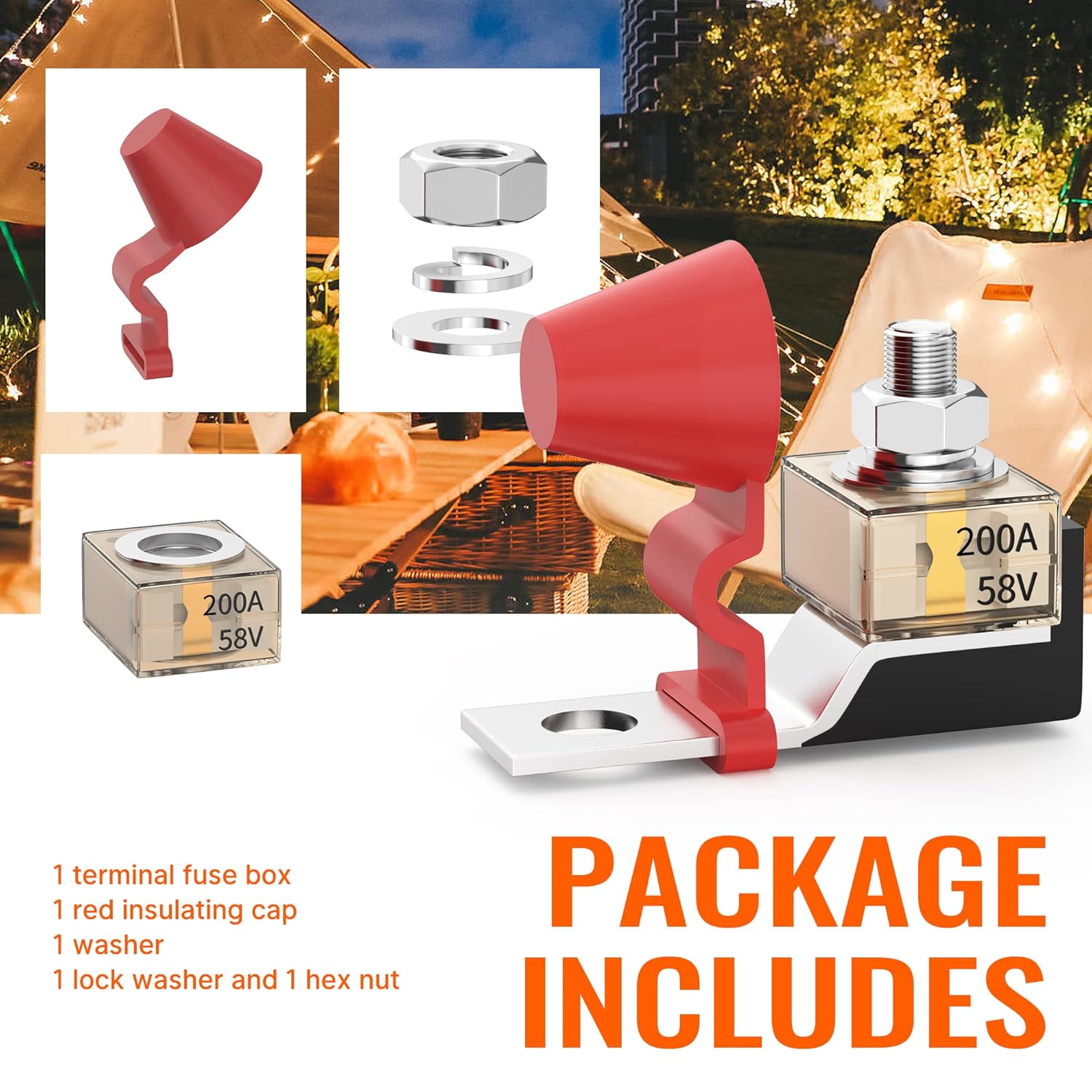 Battery Terminal Fuse Block Kit 200A 58V Mrbf Terminal Fuse Block with Single Stud 5/16"(M8) Marine Rated Battery Fuse and Waterproof Cap for Boat Truck RV Construction Vehicles