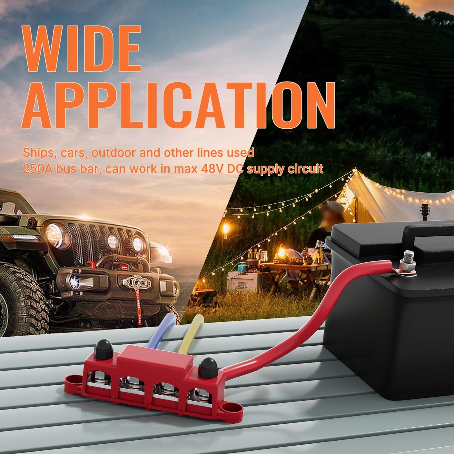 Heavy Duty 400A Bus Bar 12V 48V DC Waterproof Power Distribution Block with 4 x 3/8" Studs Automotive Marine Battery Terminal Distribution Block with Cover - Negative&Positive