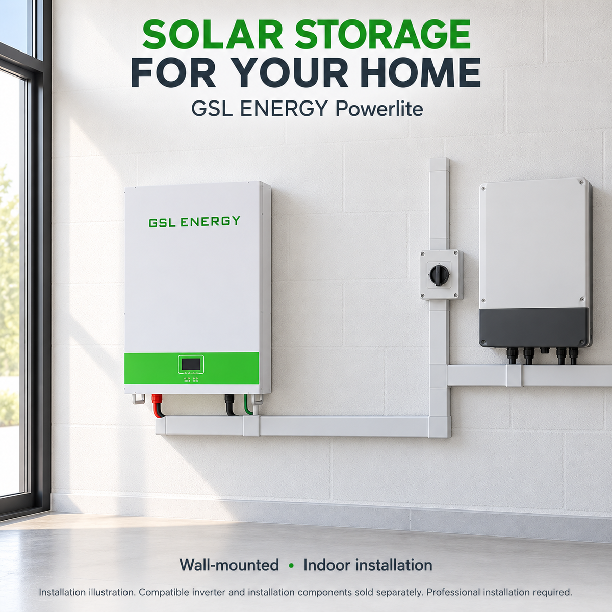 GSL Energy Powerlite indoor wall-mounted battery installation illustration with compatible inverter and enclosed cable routing.