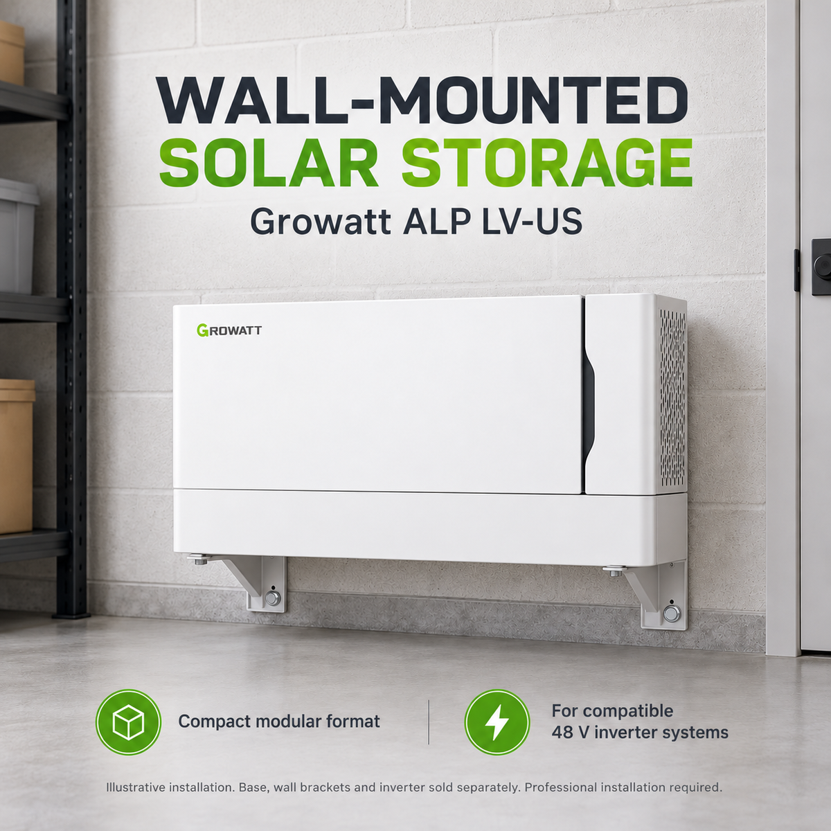 Growatt ALP LV-US battery illustrated wall-mounted application with a support base and brackets.