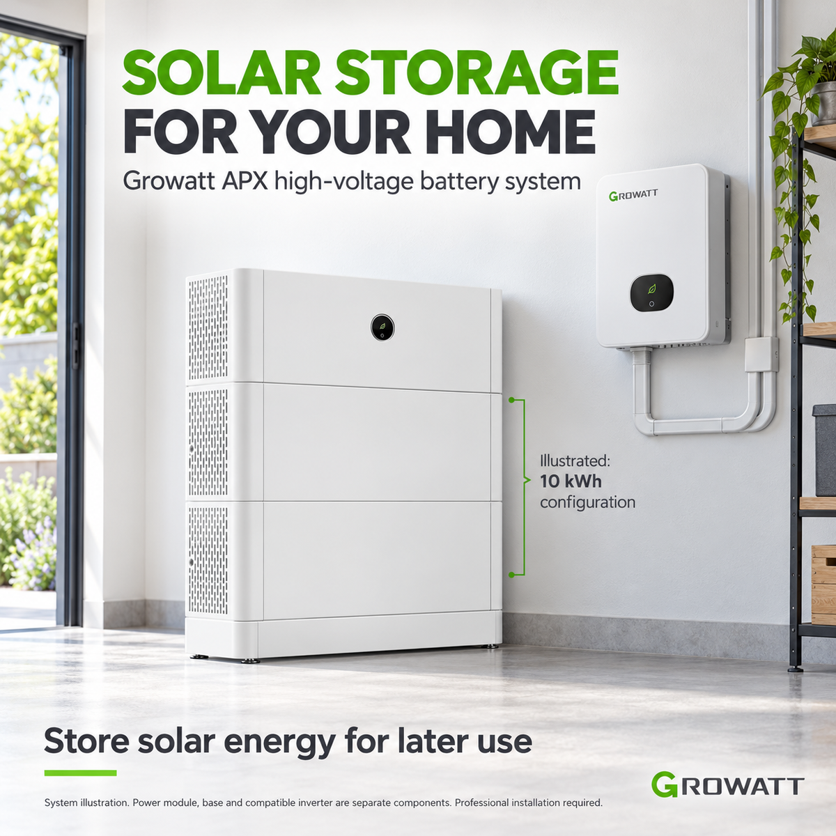 Growatt APX illustrated home solar storage installation with two battery modules, separate power module, base and compatible inverter.
