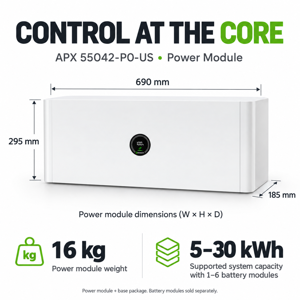Growatt APX 55042-P0-US power module specifications: 690 mm wide, 295 mm high, 185 mm deep, 16 kg; supports 5–30 kWh systems with separately sold battery modules