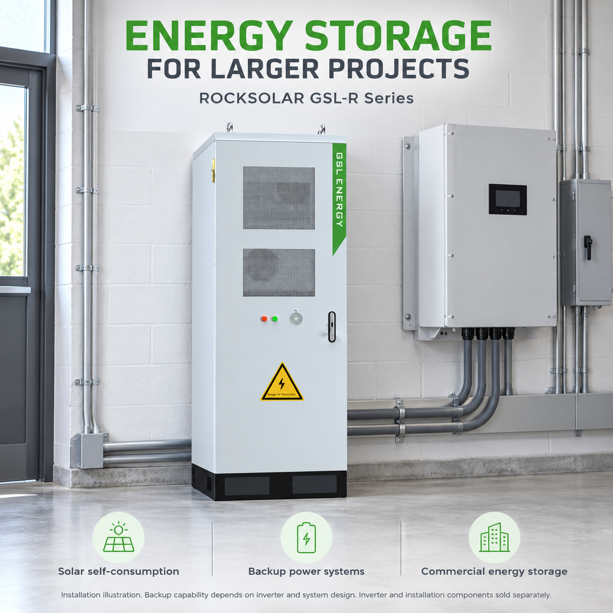 Rocksolar GSL-R floor-standing battery cabinet in an illustrated indoor commercial solar storage installation with a separate compatible inverter.