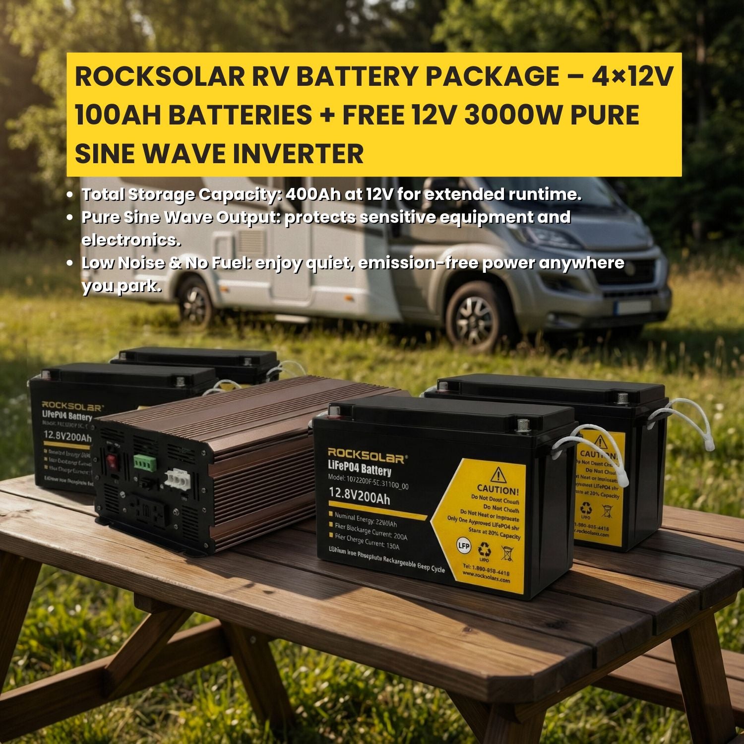Rocksolar RV Battery Package – 4×12V 100Ah Batteries + Free 12V 3000W Pure Sine Wave Inverter