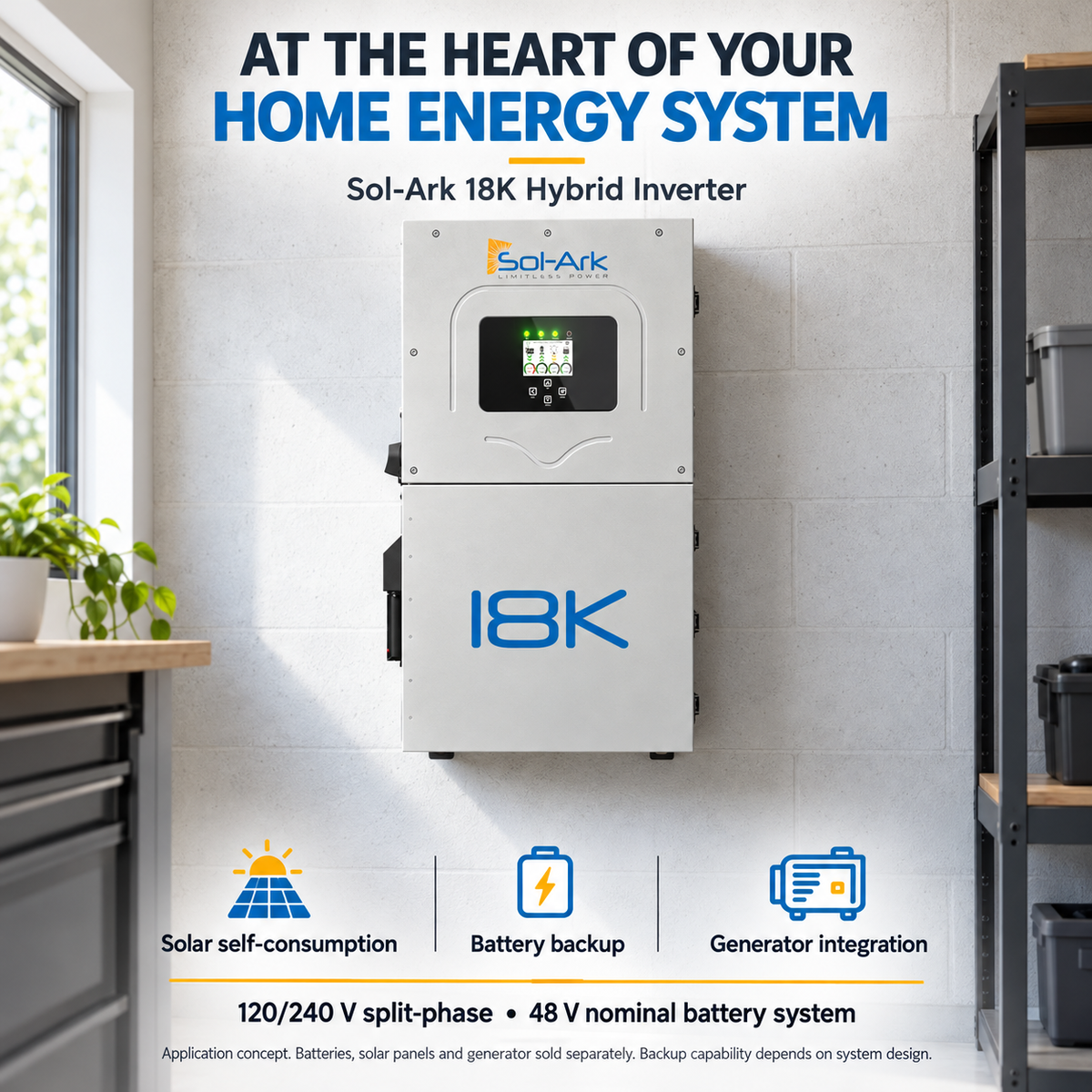 Sol-Ark 18K wall-mounted home energy application concept, 120/240 V split-phase and 48 V nominal battery system; batteries, panels and generator sold separately