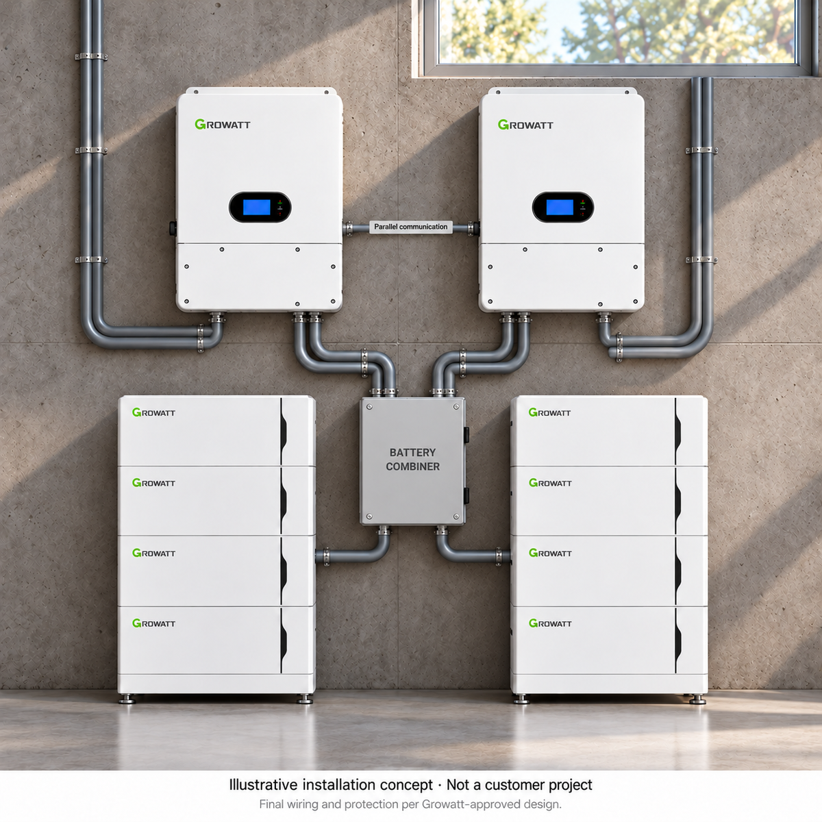 Illustrative installation concept, not a customer project: both ALP battery stacks connect only to a central battery combiner, which separately feeds two Growatt inverters; inverters linked by parallel communication