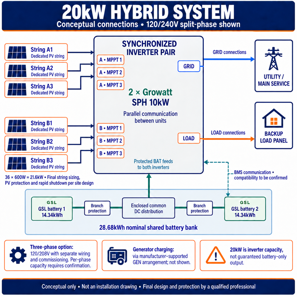 Conceptual Growatt 20kW hybrid system: six independent MPPT inputs, shared GSL battery bank, separate GRID and backup LOAD connections; 120/208V three-phase requires separate design.