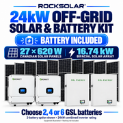 Growatt 24kW off-grid kit with 27 Canadian Solar 620W bifacial panels, 16.74kW front-side rated array, dual SPE12000US inverters and choice of 2, 4 or 6 GSL IP20 batteries. Two-battery option illustrated.