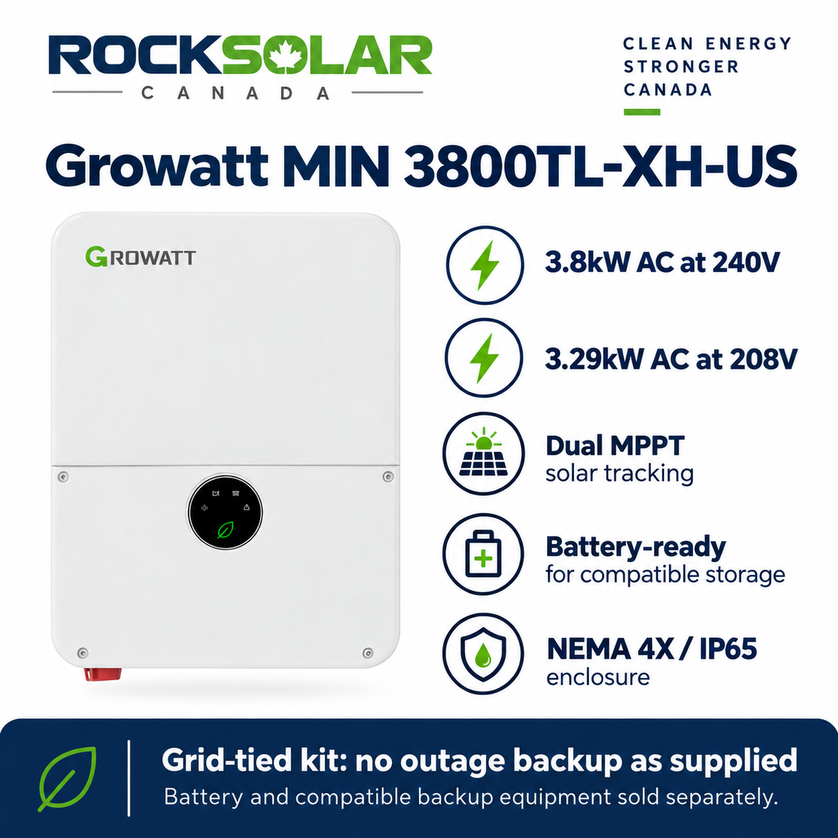 Growatt MIN 3800TL-XH-US grid-tied inverter specifications and battery-ready capability