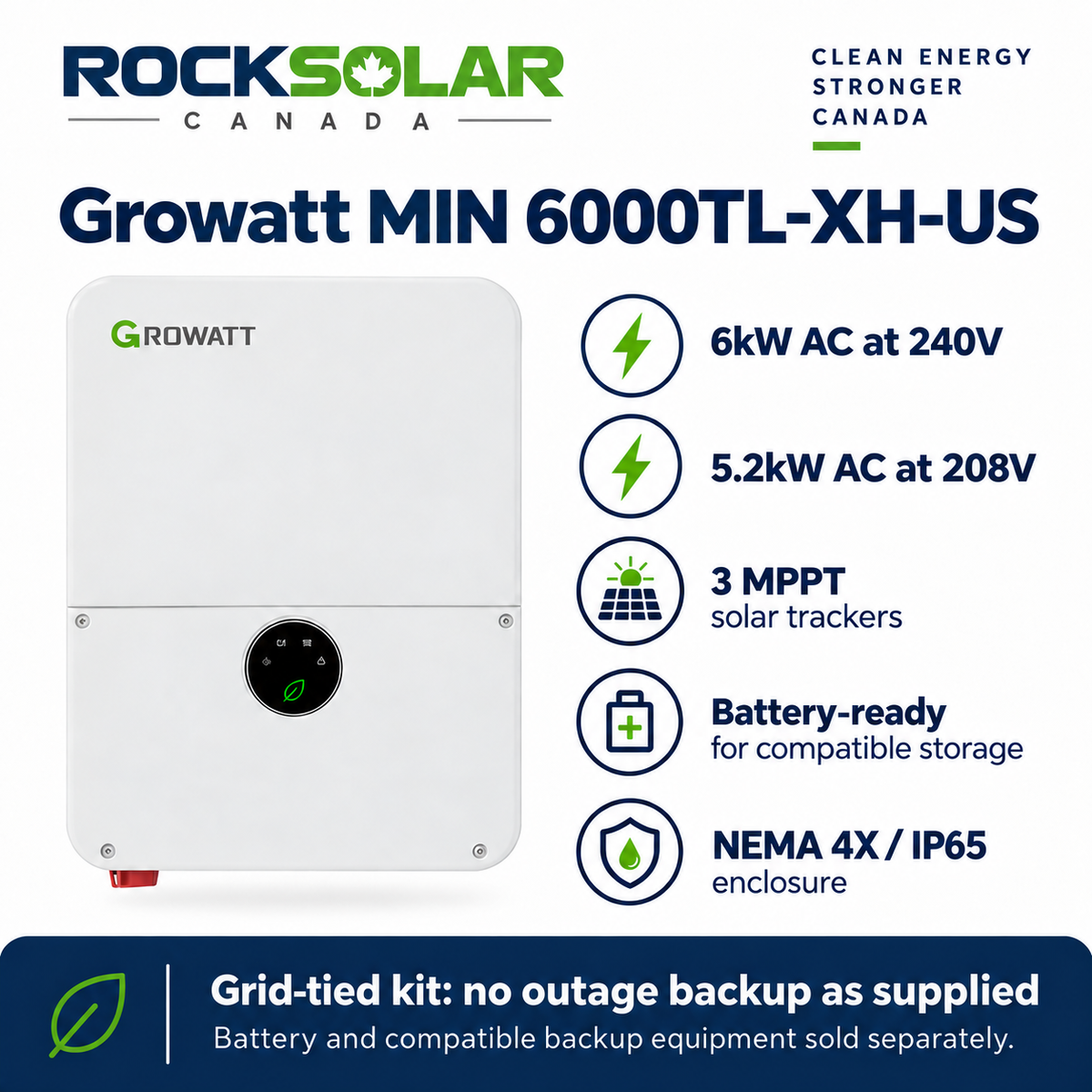 Growatt MIN 6000TL-XH-US inverter: 6kW at 240V, 5.2kW at 208V, three MPPT trackers