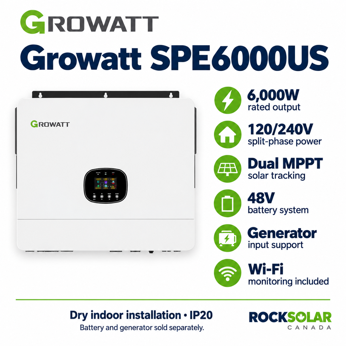Growatt SPE6000US 6kW 120/240V split-phase inverter with dual MPPT and Wi-Fi monitoring