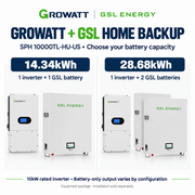 Growatt SPH 10000TL-HU-US package illustration with one GSL battery for 14.34kWh or two GSL batteries for 28.68kWh
